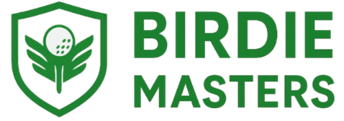 Logo for 'Birdie Masters' with a green shield and golf ball design on a white background